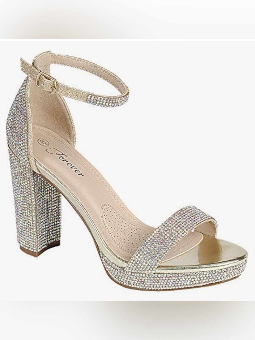 Forever Rhinestone Sandals Open Toe Block Heels Rose Gold Silver Women’s 7.5
